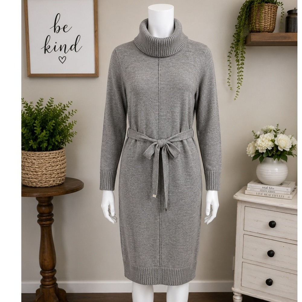 Calvin‎ Klein Womens Sweater Dress Gray Turtleneck Belted Knit Medium